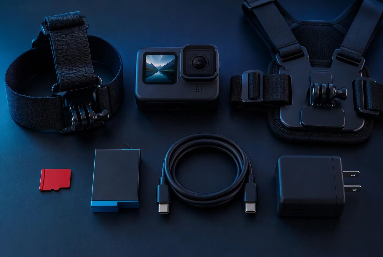 Action camera, head mount, chest mount, memory card, battery and charger